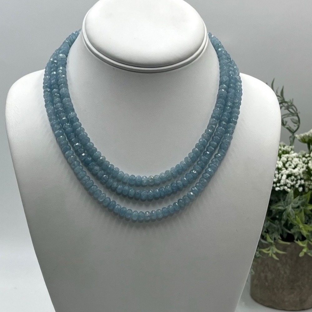 Blue 3-Strand Faceted Rondelle Beaded Necklace Gold Pavé CZ Clasp